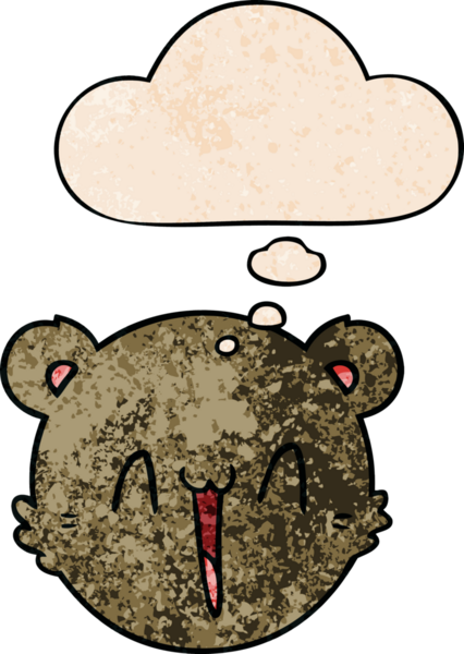 Bir insan tarafından çizilmiş grunge desenli düşünce baloncuklu şirin oyuncak ayı yüzü.