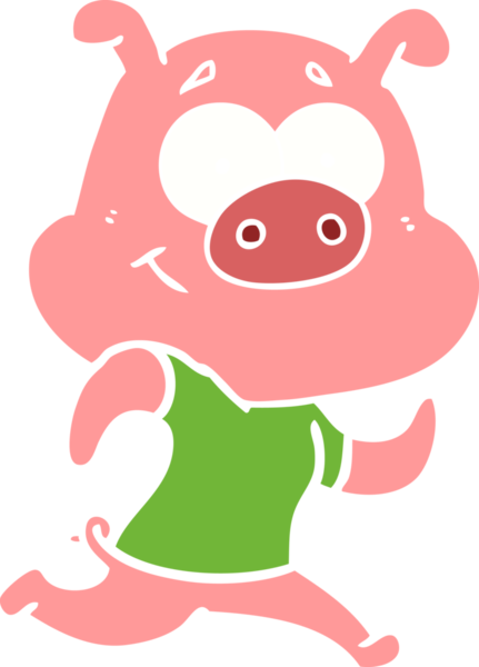 Bir insan tarafından çizilmiş mutlu düz renkli çizgi film domuz.