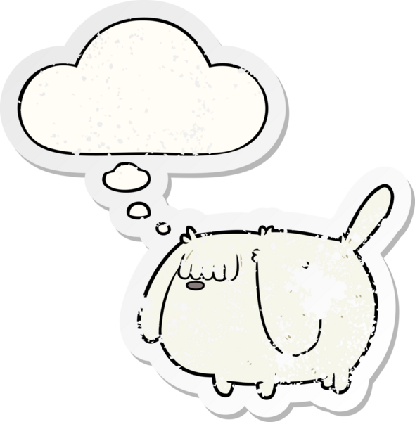 Düşünce baloncuğu olan komik bir çizgi film köpeği insan tarafından çizilmiş yıpranmış bir çıkartma gibi.