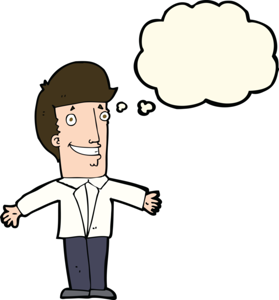 Bir insan tarafından çizilmiş düşünce baloncuğuyla kollarını açmış sırıtan çizgi film adamı.