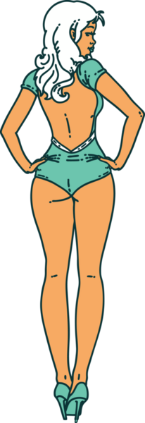 Bir insan tarafından çizilmiş geleneksel bikinili kız dövmesi.