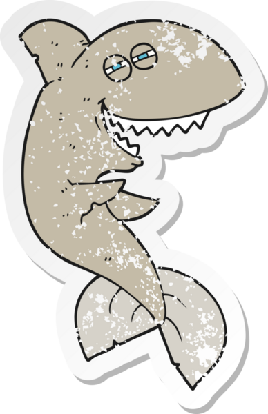 Bir insan tarafından çizilmiş, gülen köpek balığının gerici, kederli çıkartması.