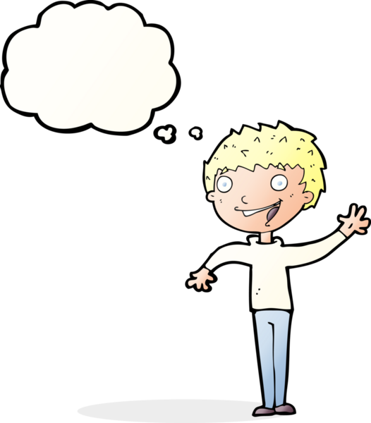 Bir insan tarafından çizilmiş düşünce baloncuğuyla el sallayan mutlu çocuk.