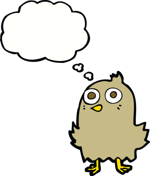 Bir insan tarafından çizilmiş düşünce baloncuklu komik çizgi film kuşu.