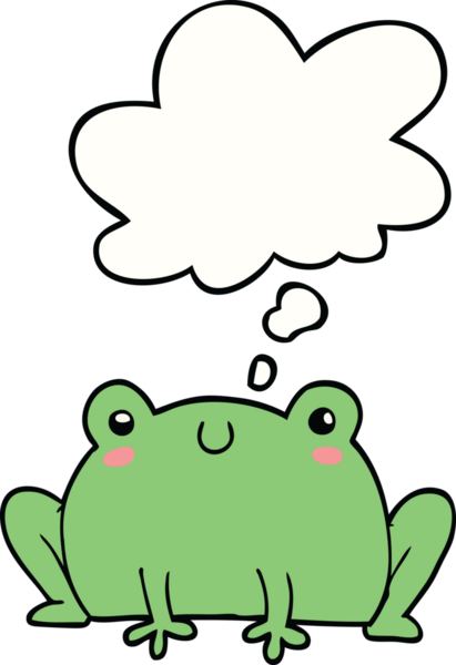 Bir insan tarafından çizilmiş düşünce baloncuklu karikatür kurbağası
