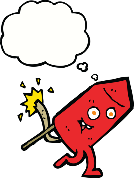 Bir insan tarafından çizilmiş düşünce baloncuklu komik havai fişek karakteri.