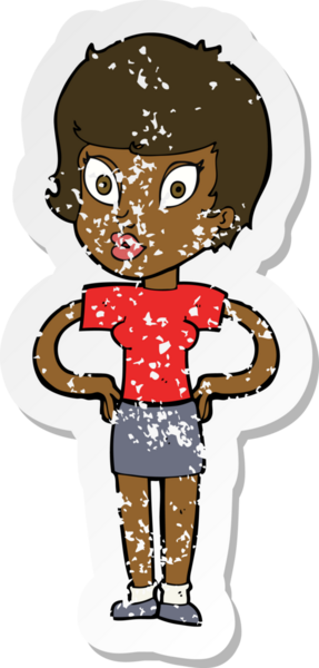 Bir insan tarafından çizilmiş kalçasında elleri olan bir karikatür kadının gerilmiş çıkartması.