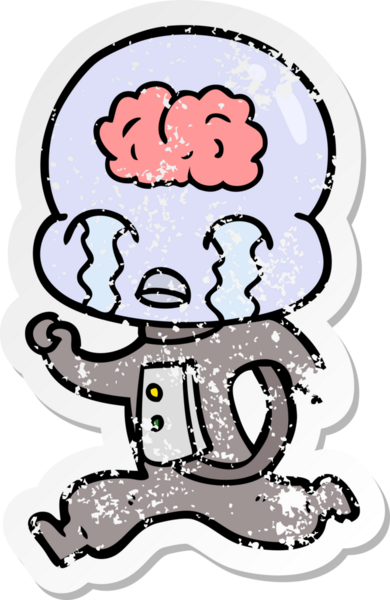 Bir çizgi filmin sıkıntılı çıkartması. Bir insan tarafından çizilmiş büyük beyinli uzaylı ağlaması.