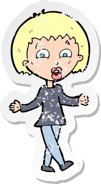 Bir insan tarafından çizilmiş omuzlarını silken karikatürlü bir kadının gerilmiş çıkartması.