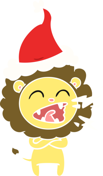 Kükreyen bir aslanın insan tarafından çizilmiş Noel Baba şapkası giymiş düz renk çizimi.