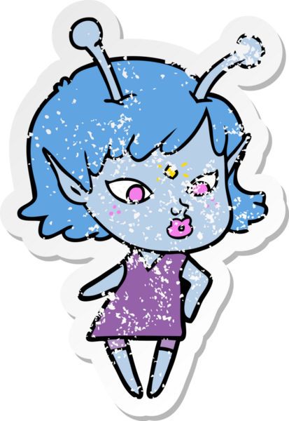 Bir insan tarafından çizilmiş güzel uzaylı bir kızın sıkıntılı çıkartması.