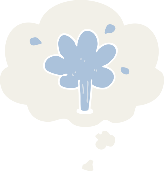 Düşünce baloncuğuyla su fışkırtan çizgi film insan tarafından çizilmiş.