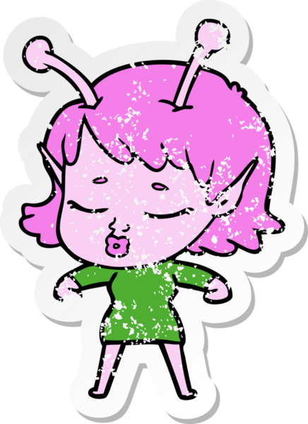 Bir insan tarafından çizilmiş sevimli bir uzaylı kız çizgi filminin sıkıntılı çıkartması.