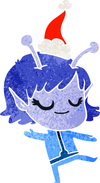 gülümseyen uzaylı kız el çizimi bir insan tarafından çizilmiş Noel Baba şapkası