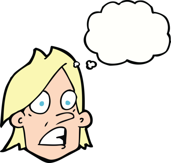 Bir insan tarafından çizilmiş düşünce baloncuklu karikatür korkmuş yüzü.