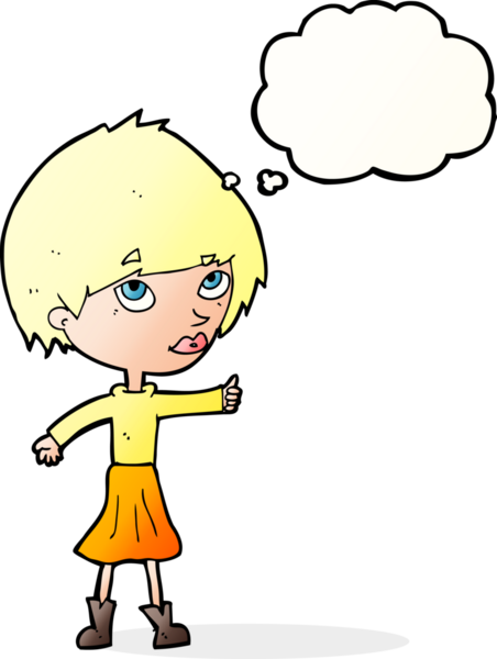 Bir insan tarafından çizilmiş düşünce baloncuğuyla baş parmağıyla işaret veren çizgi film kadını.