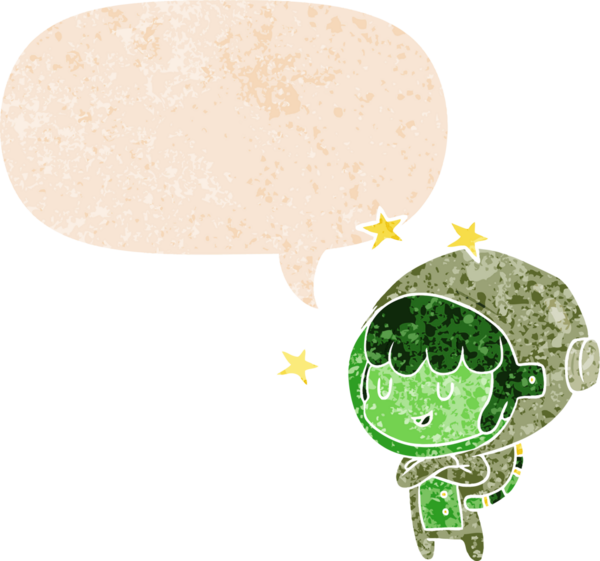 grunge 'da konuşma baloncuğu olan karikatür uzay kızı bir insan tarafından çizilmiş dertli retro tarzı