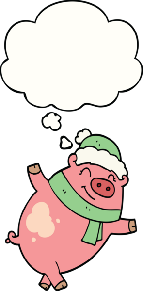 Bir insan tarafından çizilmiş düşünce balonlu Noel şapkası takan bir domuz.