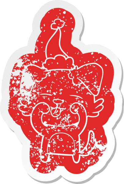 Bir insan tarafından çizilmiş Noel Baba şapkasıyla gözlerini ovuşturan bir köpek çıkartması.