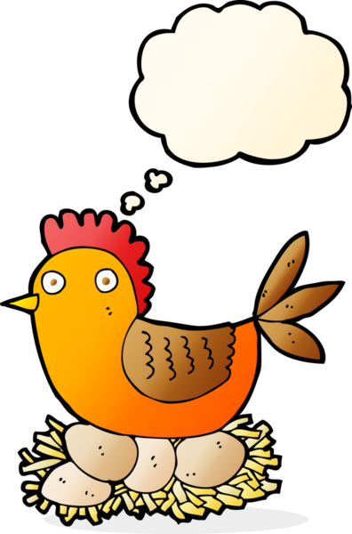 Bir insan tarafından çizilmiş düşünce baloncuklu yumurtalar üzerinde çizgi film tavuğu.