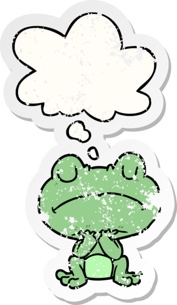 Düşünce baloncuğu olan karikatür kurbağası insan tarafından çizilmiş yıpranmış bir çıkartma.