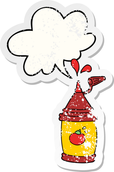 Konuşma balonlu ketçap şişesi bir insan tarafından çizilmiş sıkıntılı eski bir çıkartma.