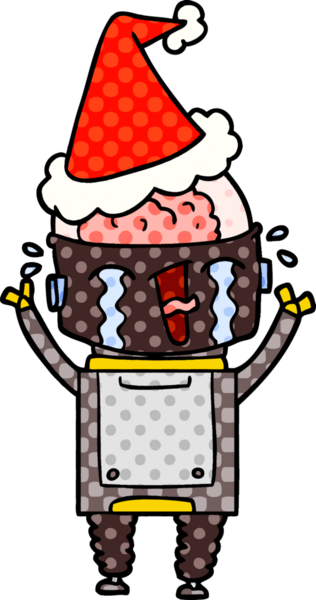 Bir insan tarafından çizilmiş Noel Baba şapkası takan ağlayan bir robotun el çizimi çizgi roman çizimi.