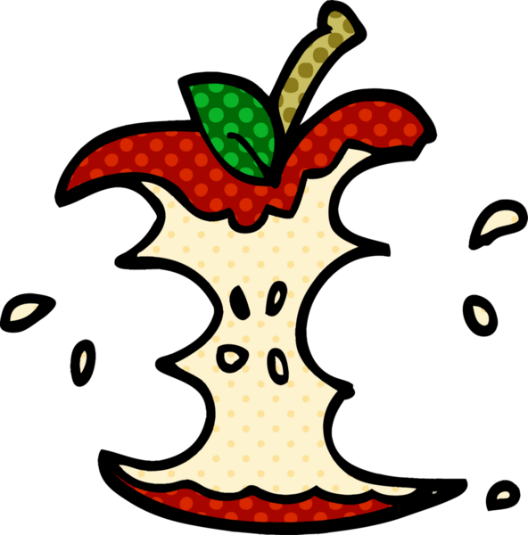 Bir insan tarafından çizilmiş sulu, ısırılmış bir elma.