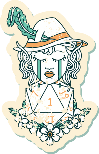 Retro Dövme Tarzı Ağlayan Elf Ozan Karakteri Bir insan tarafından çizilmiş doğal D20 rulo