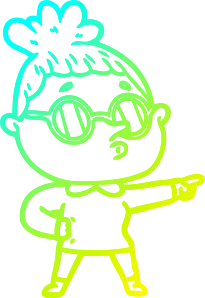 Bir insan tarafından çizilmiş gözlük takan çizgi film kadını çizimi.