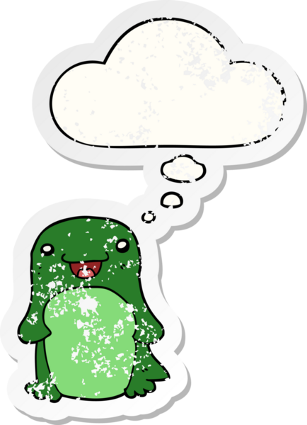 Düşünce baloncuğu olan karikatür pengueni insan tarafından çizilmiş yıpranmış bir çıkartma.