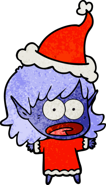 Şok olmuş bir elf kızının el çizimi bir insan tarafından çizilmiş Noel Baba şapkası.