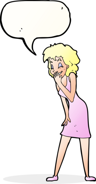 Bir insan tarafından çizilmiş konuşma balonuyla gülen çizgi film kadını.