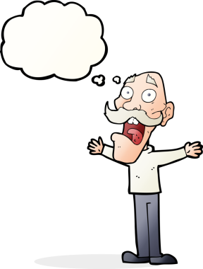 Çizgi film, bir insan tarafından çizilmiş düşünce balonlu yaşlı adamı strese sokuyor.