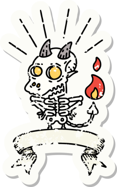 Bir insan tarafından çizilmiş eski bir dövme stili iskelet şeytan karakteri çıkartması.