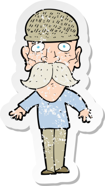 Bir insan tarafından çizilmiş kış şapkası giyen bir çizgi film karakterinin gerilimli retro çıkartması.