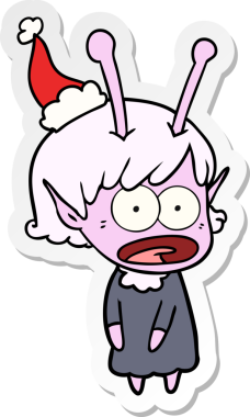 Bir insan tarafından çizilmiş Noel Baba şapkası giyen şok olmuş bir uzaylı kızın el yazısı.