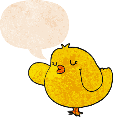 grunge 'da konuşma baloncuğu olan karikatür kuşu bir insan tarafından çizilmiş dertli retro tarzı