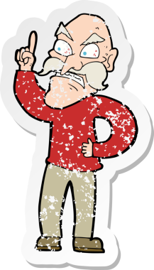 Çizgi filmin gerilemiş çıkartması. Yaşlı bir adam, bir insan tarafından çizilmiş kurallar koyuyor.