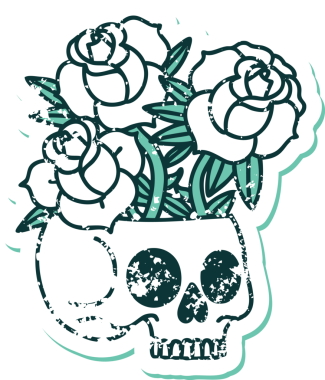 Bir insan tarafından çizilmiş kafatası ve güllerin sembolik dövmeli görüntüsü.