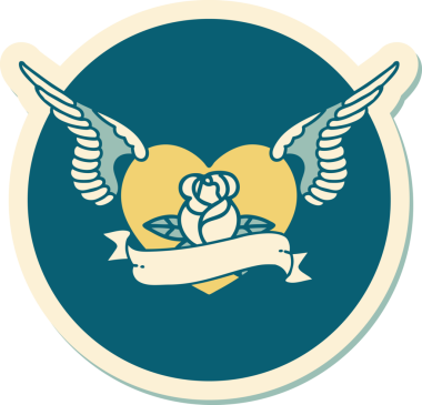 Geleneksel bir dövme stili. Uçan kalp. Çiçekler ve bir insan tarafından çizilmiş bayrak.