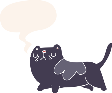 Konuşma baloncuğu olan çizgi film kedisi insan tarafından çizilmiş.