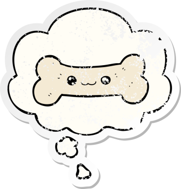 İnsan tarafından çizilmiş yıpranmış bir çıkartma gibi düşünce baloncuklu çizgi film kemiği.