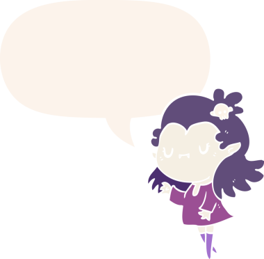 Bir insan tarafından çizilmiş eski tarz konuşma balonu olan sevimli vampir kız.