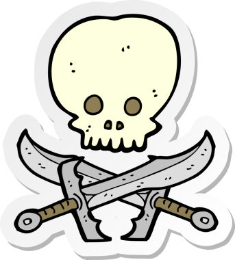 Bir insan tarafından çizilmiş kafatası ve kılıç etiketi.