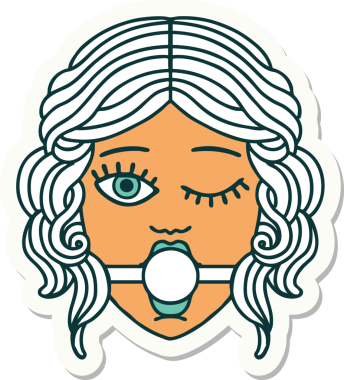 Geleneksel bir dövme stili. Göz kırpan kadın yüzü. Bir insan tarafından çizilmiş top şakası.