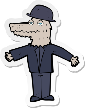 Bir insan tarafından çizilmiş şapka takan bir kurt adamın çıkartması.