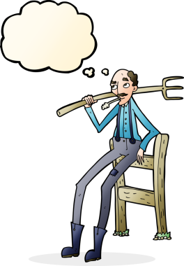 Çizgi film yaşlı çiftçi bir insan tarafından çizilmiş düşünce balonuyla çitlere yaslanıyor.