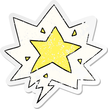 Konuşma baloncuğu olan bir çizgi film yıldızı bir insan tarafından çizilmiş sıkıntılı eski bir çıkartma