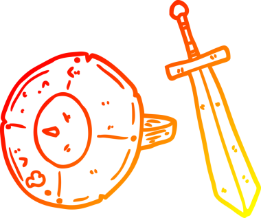 Eski bir gladyatör kalkanı ve bir insan tarafından çekilen kılıcın sıcak çizgi çizimi